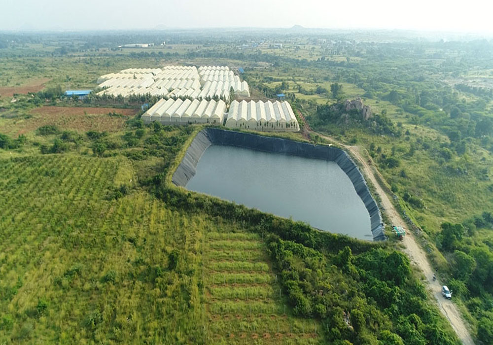 chithravathi organic village farming community aerial view of polyhouses and pond beside